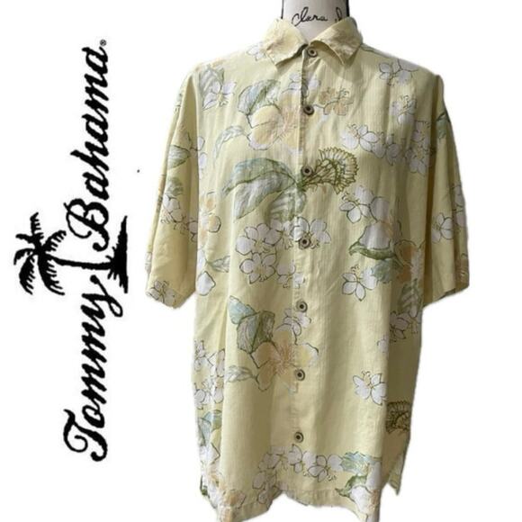 TOMMY BAHAMA SHIRT HAWAIIAN WOOD BUTTON SILK Sz L HIBISCUS ALOHA AESTHETIC - Picture 1 of 13